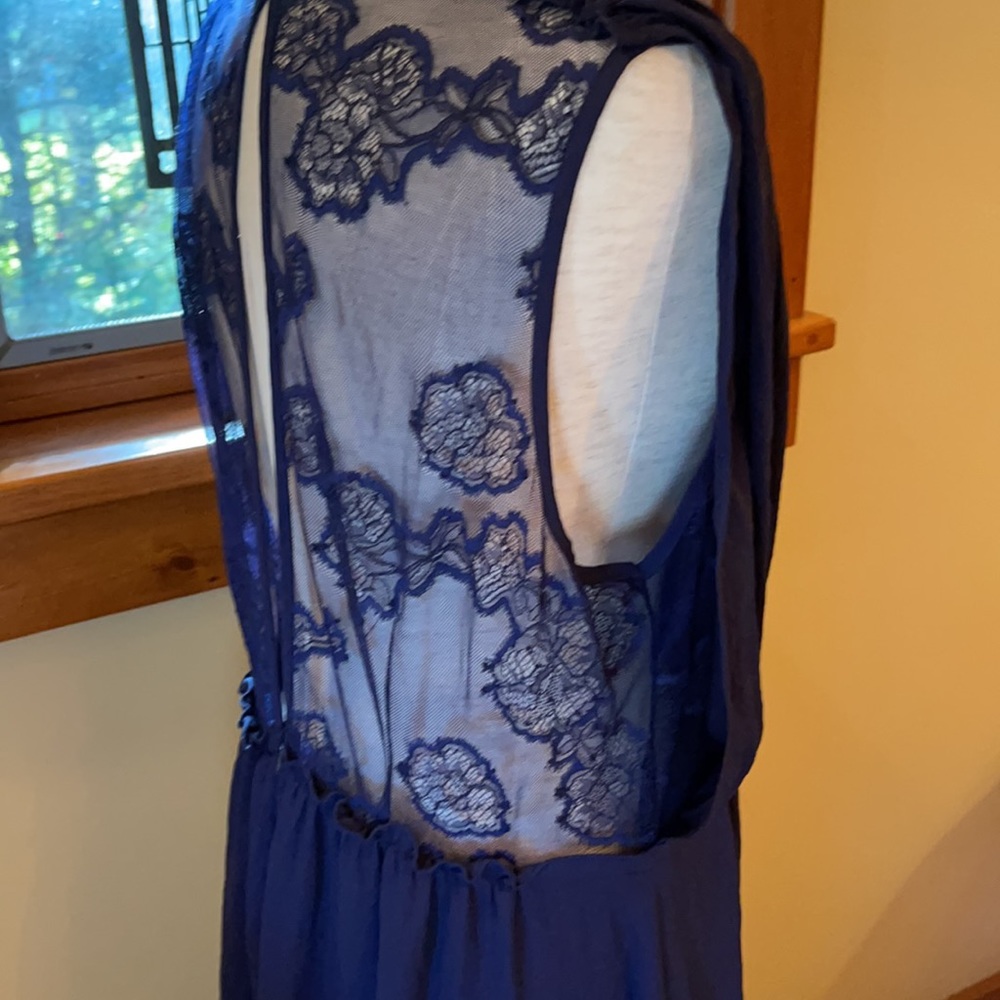 Navy Sheer Lace Formal Maxi Dress Deep Plunge Coquette Wedding Party Size 16